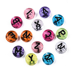 Mixed Color Transparent Mixed Color Acrylic Beads, Horizontal Hole, Flat Round with Black Random Letter, 7x4mm, Hole: 1.8mm, about 3600~3700pcs/500g