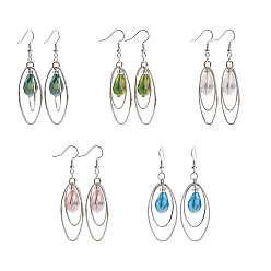 Mixed Color Trendy Glass Teardrop Dangle Earrings, with Brass Oval Rings and Brass Earring Hooks, Mixed Color, 65mm
