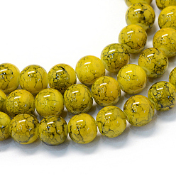 Oro Vidrio pintado hornear hebras de perlas redondo, oro, 8.5~9 mm, agujero: 1.5 mm, sobre 105 unidades / cadena, 31.8 pulgada