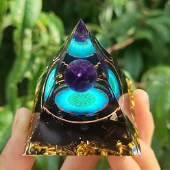 Cyan Resin Orgonite Pyramid Home Display Decorations, with Natural Gemstone Chips, Cyan, 60x60x60mm