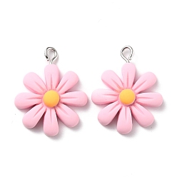 Pink Resin Pendants, with Platinum Iron Peg Bail, Flower, Pink, 25x20.5x6mm, Hole: 2mm