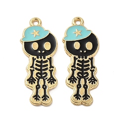 Turquoise Alloy Enamel Pendants, Skeleton with Hat Charm, Golden, Turquoise, 32.5x13x1.5mm, Hole: 1.6mm