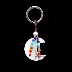 Howlite 7 Chakra Natural Howlite Moon Pendant Keychain, with Platinum Plated Alloy Key Rings and Gemstone Round Beads, 8.5cm