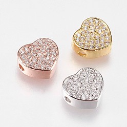 Mixed Color Brass Micro Pave Cubic Zirconia Beads, Heart, Clear, Mixed Color, 9x9.5x4mm, Hole: 1.2mm