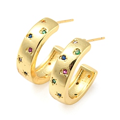 Real 18K Gold Plated Rack Plating Brass C Shape Stud Earrings with Colorful Cubic Zirconia, Half Hoop Earrings for Women, Cadmium Free & Lead Free, Long-Lasting Plated, Real 18K Gold Plated, 19.5x5.5mm