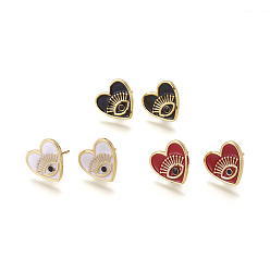 Mixed Color Brass Enamel Stud Earrings, Heart with Evil Eye, Golden, Mixed Color, 13x14x2mm, Pin: 1mm