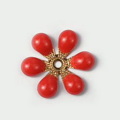 Roja Perlas de esmalte de bronce de la flor, dorado, rojo, 16x18x2 mm, agujero: 2 mm