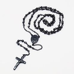 Черный Цвет Металла Мужской четки бусы с крестом распятие, 304 ожерелье нержавеющей стали для пасхи, металлический черный , 18.5 дюйм (47 см)