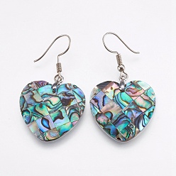 Platinum Abalone Shell/Paua Shell Dangle Earrings, with Brass Findings, Heart, Platinum, 45mm, Pin: 0.7mm