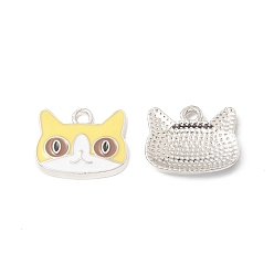 Champagne Yellow Alloy Enamel Charms, Cat Charm, Platinum, Champagne Yellow, 13x16x2.2mm, Hole: 2mm