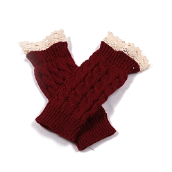Rouge Foncé Gants sans doigts à tricoter en fil de fibre acrylique, gants chauds d'hiver à bord en dentelle avec trou pour le pouce pour femmes, rouge foncé, 190x75mm