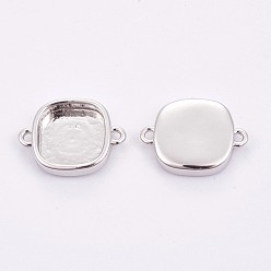 Platinum Brass Cabochon Connector Settings, Plain Edge Bezel Cups, Long-Lasting Plated, Square, Platinum, Tray: 9x9mm, 11x15x3mm, Hole: 1mm