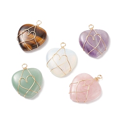 Mixed Stone Natural & Synthetic Gemstone Pendants, Heart Charm, with Real 18K Gold Plated Tone Copper Wire Wrapped, 38~39x30~30.5x8.5~9mm, Hole: 3.5~4mm