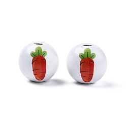 Carrot Easter Theme Printed Wooden Beads, Round, Red, Carrot Pattern, 15.5~16x15mm, Hole: 3.5mm