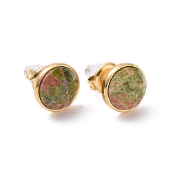 Unakite Natural Unakite Flat Round Stud Earrings, Real 24K Gold Plated 304 Stainless Steel Jewelry for Women, 16x9mm, Pin: 0.8mm