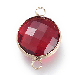 Dark Red Glass Links connectors, with Unplated Brass Findings, Faceted, Flat Round, Nickel Free, Dark Red, 14.5x8.5x3.5mm, Hole: 2.5mm