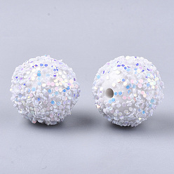 White Acrylic Beads, Glitter Beads,with Sequins/Paillette, Round, White, 16x15mm, Hole: 2mm