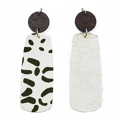 Creamy White Eco-Friendly Cowhide Leather Big Pendants, with Dyed Wood and 304 Stainless Steel Jump Rings, Rectangle with Print, Creamy White, 75mm
