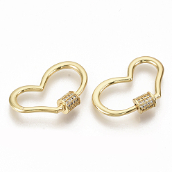 Real 18K Gold Plated Brass Micro Pave Clear Cubic Zirconia Screw Carabiner Lock Charms, for Necklaces Making, Heart, Real 16K Gold Plated, 19x28x2mm, screw clasp: 6x5.5mm