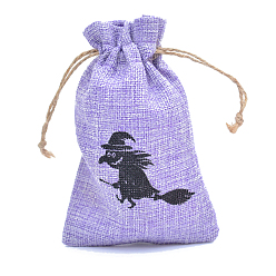 Lilac Halloween Burlap Packing Pouches, Drawstring Bags, Rectangle with Witch Pattern, Lilac, 15x10cm