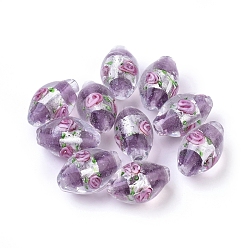 Pourpre Moyen Argent à la main feuille perles de verre au chalumeau, ovale avec des fleurs, support violet, 16~17x9~11mm, Trou: 1.5~2mm