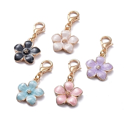 Mixed Color Golden Plated Zinc Alloy Pendants, with Enamel and Lobster Claw Clasps, Flower, Mixed Color, 30mm, Flower: 17x14x3mm