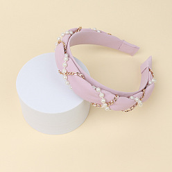 Pink Cloth Hair Bands, with Plastic Pearl & Alloy Chains, Hair Accessories for Women Girls, Pink, 30mm, Inner Diameter: 140x160mm