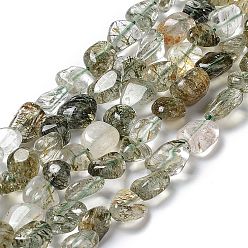 Cuarzo Rutilado Verdes naturales perlas de cuarzo rutilado hebras, pepitas, 8~18x6~10x4~8 mm, agujero: 1 mm, sobre 30~48 unidades / cadena, 15.35~15.55 pulgada (39~39.5 cm)