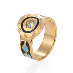 Oro Anillos de dedo de acero inoxidable 304 unisex, anillos de banda ancha, con diamantes de imitación de cristal, esmalte, plano y redondo, dorado, tamaño de 6~9, 16~19 mm
