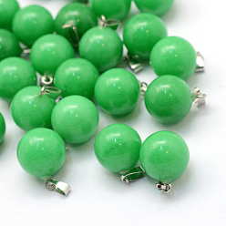 Malaysia Jade Round Dyed Natural Malaysia Jade Pendants, with Platinum Tone Brass Findings, 17~19x13~14mm, Hole: 2x7mm