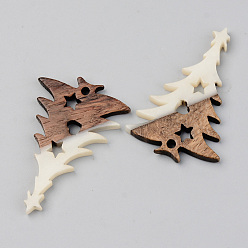 Floral White Opaque Resin & Walnut Wood Pendants, Christmas Tree, Floral White, 38x25x3mm, Hole: 2mm