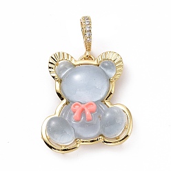 Light Steel Blue Translucent Resin Pendants, Bear with Bowknot Charm, with Brass Micro Pave Clear Cubic Zirconia, Cadmium Free & Lead Free, Real 18K Gold Plated, Light Steel Blue, 28x25x8mm, Hole: 4.5x7mm