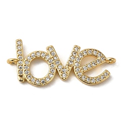 Real 18K Gold Plated Rack Plating Brass Micro Pave Clear Cubic Zirconia Connector Charms, Word Love Links, Long-Lasting Plated, Lead Free & Cadmium Free, Real 18K Gold Plated, 11.5x27x2mm, Hole: 1.2mm