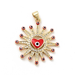 Red Rack Plating Brass Micro Pave Clear Cubic Zirconia Pendants, with Enamel, Cadmium Free & Lead Free, Sun with Evil Eye & Heart, Real 18K Gold Plated, Red, 29.5x26.5x3.7mm, Hole: 3.2x3.5mm