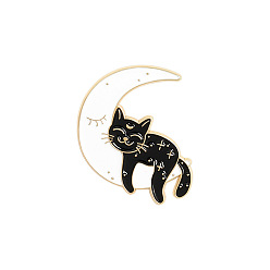 White Cat with Moon Enamel Pin, Light Gold Plated Alloy Badge for Backpack Clothes, White, 30x25mm