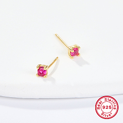 Fuchsia Golden Sterling Silver Micro Pave Cubic Zirconia Stud Earring, Square, Fuchsia, 4x4mm