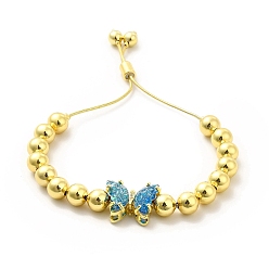 Prussian Blue Rack Plating Brass Round Bead Slider Bracelets for Women, Long-Lasting Plated Glass Butterfly Adjustable Bracelets, Nickel Free & Lead Free, Real 18K Gold Plated, Prussian Blue, Inner Diameter: 1-1/2~2-7/8 inch(3.7cm~7.2cm)