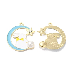 Sky Blue Alloy Enamel Pendants, with ABS Imitation Imitation Pearls and Rhinestone, Golden, Moon with Rabbit, Sky Blue, 33.5x30.5x9mm, Hole: 2.5mm