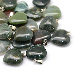 Indian Agate Heart Natural Indian Agate Pendants, with Platinum Tone Brass Findings, 20~22x20~21x5~8mm, Hole: 2x7mm