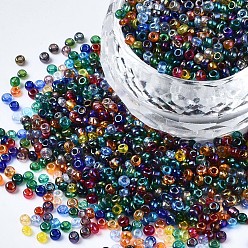 Colorido Perlas de vidrio semillas redondas, colores transparentes arco iris, agujero redondo, colorido, 2~2.5x1.5~2 mm, agujero: 0.8 mm, aproximadamente 450 g / libra