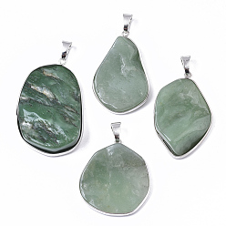 Green Aventurine Natural Green Aventurine Pendants, with Platinum Tone Brass Edge and Iron Snap on Bails, Nuggets, 36~65x23~43x5~13mm, Hole: 5x9mm