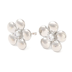 Platinum Brass Flower Stud Earrings with Clear Cubic Zirconia, Lead Free & Cadmium Free, Platinum, 13x13.5mm
