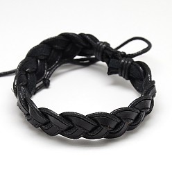 Черный Модный мужской повседневный стиль плетеный вощеный шнур и кожаные браслеты, чёрные, 58 мм