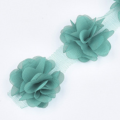 LightSeaGreen Organza Flower Ribbon, Costume Accessories, For Party Wedding Decoration and Earring Making, Cadet Blue, 50~60mm, about 10yard/bundle