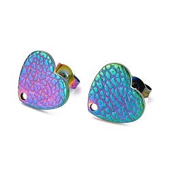 Rainbow Color Ion Plating(IP) 304 Stainless Steel Stud Earring Findings, with Ear Nuts, Textured Heart, Rainbow Color, 12x13mm, Hole: 1.5mm, Pin: 0.7mm