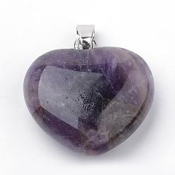Amethyst Natural Amethyst Pendants, with Alloy Findings, Heart, Platinum, 27~29x28x11mm, Hole: 3.5x5mm