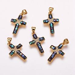 Doré  Micro cuivres ouvrent pendentifs zircone cubique, avec coquille de paua / coquille d'ormeau, croix, or, 21.5x14x2mm, Trou: 3.5x4.5mm