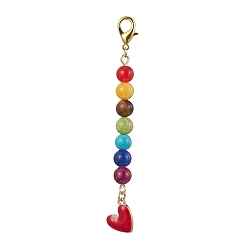 Red Alloy Enamel Heart Pendant Decorations, with Chakra Natural Gemstone Round Bead and Alloy Lobster Claw Clasps, Red, 100mm