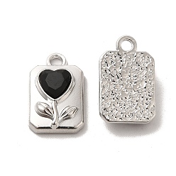 Black Glass Rectangle with Heart Pendants, with Platinum Alloy Finding, Long-Lasting Plated, Cadmium Free & Lead Free, Black, 17x10.5x5mm, Hole: 2mm