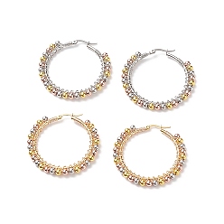 Golden & Stainless Steel Color 2 Pair 2 Color Round Brass Braided Bead Hoop Earrings, 304 Stainless Steel Wire Wrap Jewelry for Women, Golden & Stainless Steel Color, 44x45.5x4mm, Pin: 0.6mm, 1 Pair/color